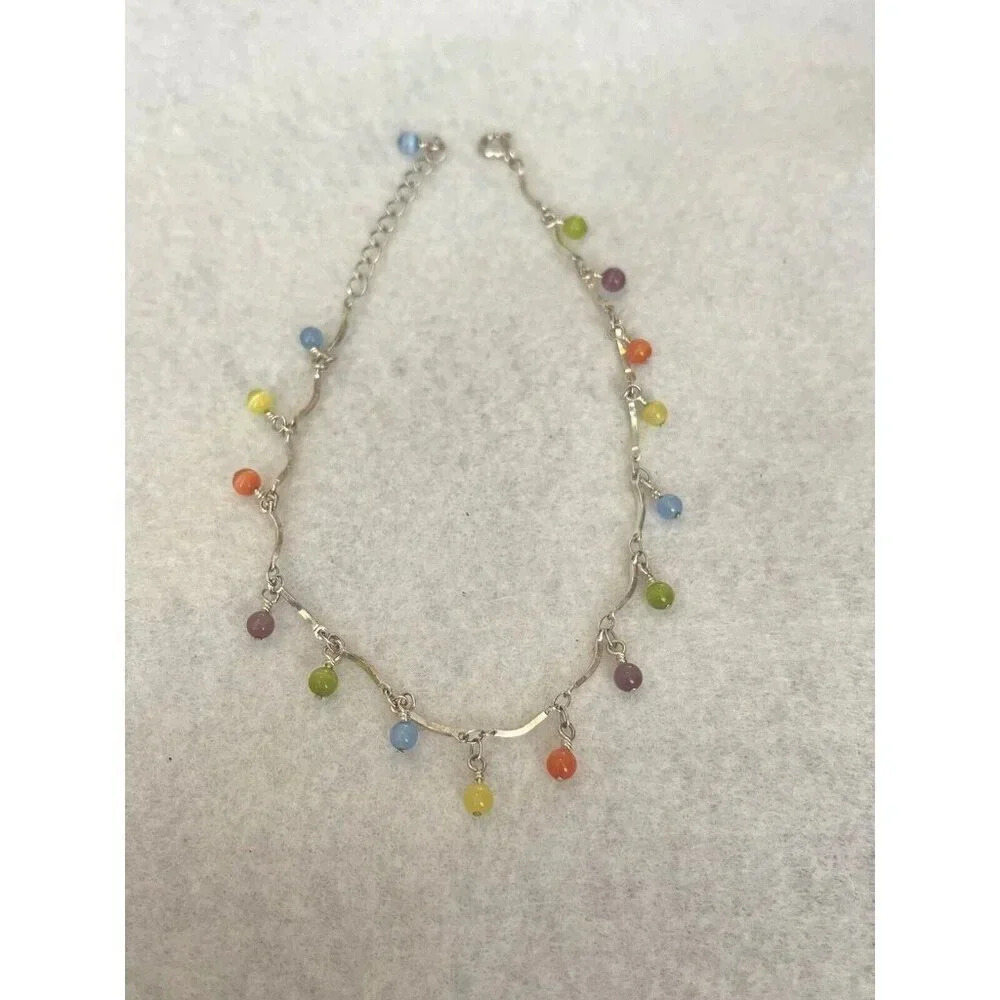 Silver Tone Ankle Bracelet With Colored Brad Dangles 11” Adjustable Cute